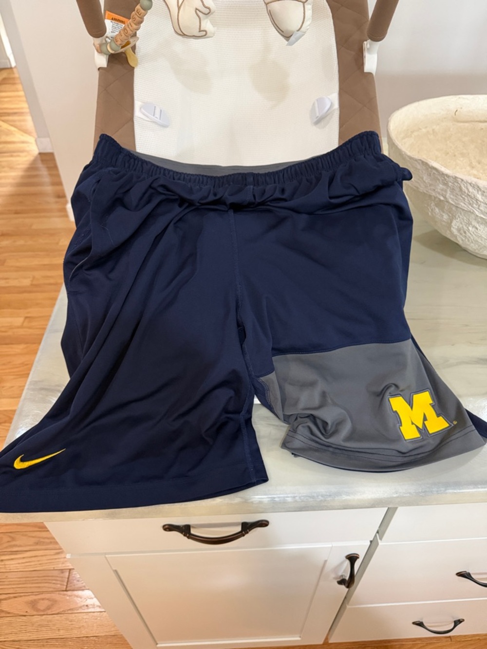 Nike Navy Athletic Shorts with Grey Panel and Yellow 'M' Michigan Logo